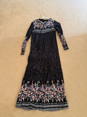 Black Floral Maxi Dress with Smocked Cuffs and Tie Waist